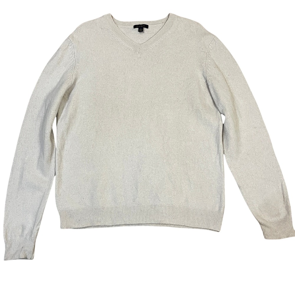 Club Room Mens 100% Lambswool V-Neck Sweater L Oatmeal Beige Preppy Minimalist